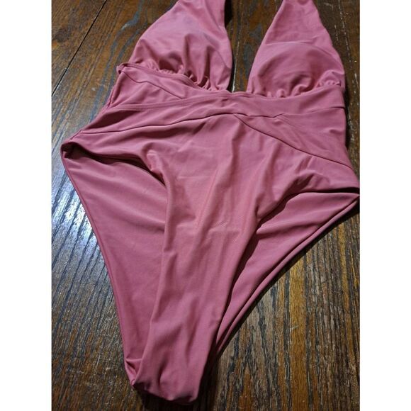 6 Zaful Pink Brick Red Halter Neck Deep Plunge One Piece Swimsuit Bathing Suit - Picture 7 of 10